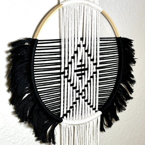 Woven Macrame Black Beige Boho Contemporary Diamond Geometric Wall Hanging New - Picture 6 of 6